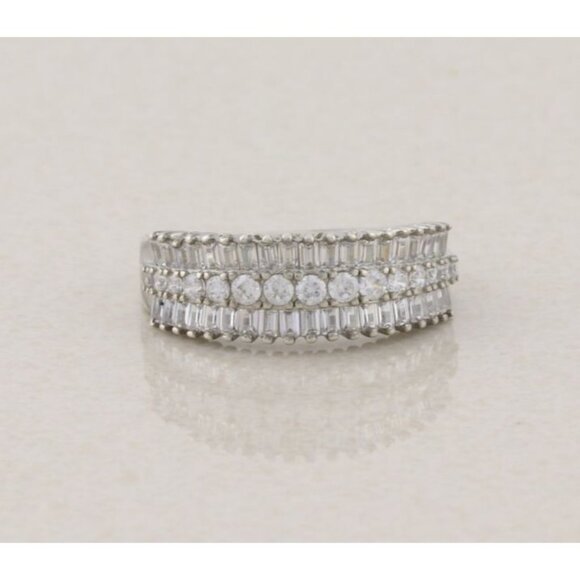 Sterling Silver Cubic Zirconia Three Row Band Baguette CZs Ring Band Size 7 1/4 - Picture 1 of 7